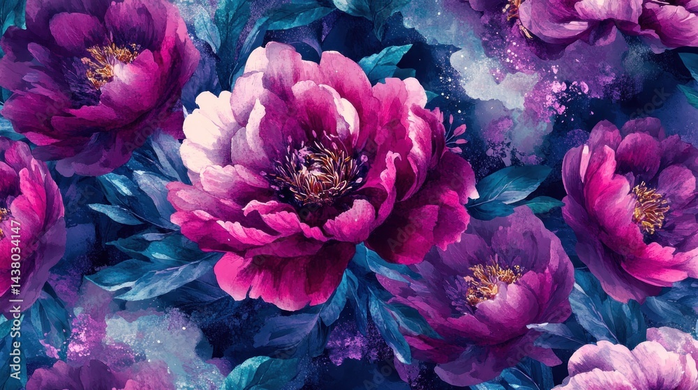 Obraz premium Midnight Bloom: A Watercolor Symphony of Purple Peonies