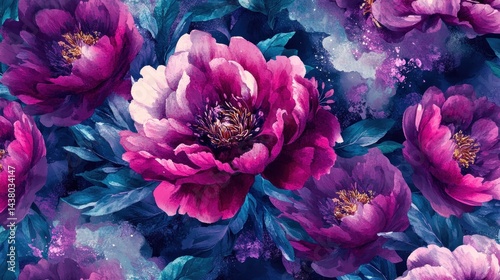 Fototapeta Naklejka Na Ścianę i Meble -  Midnight Bloom: A Watercolor Symphony of Purple Peonies