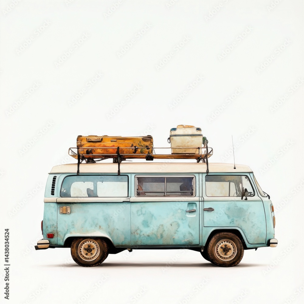 Vintage van with luggage on top, evoking a sense of adventure and travel.