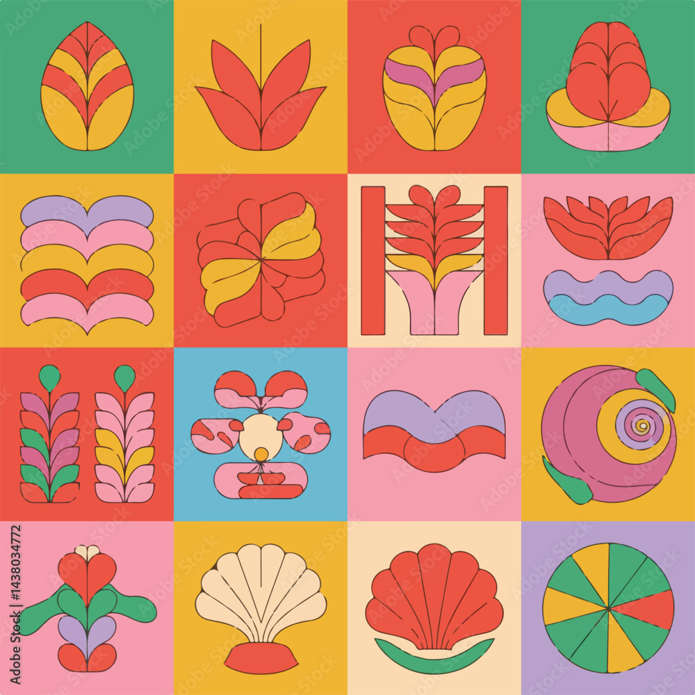 Fototapeta premium Colorful Abstract Nature Icons | Retro Botanical & Marine Flat Illustrations