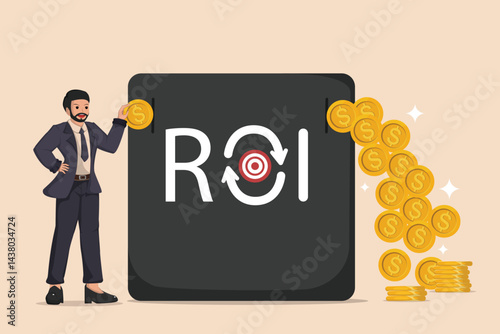 Businessman Investing Money for High ROI Concept with Dollar Coins and Target Focus Illustration.