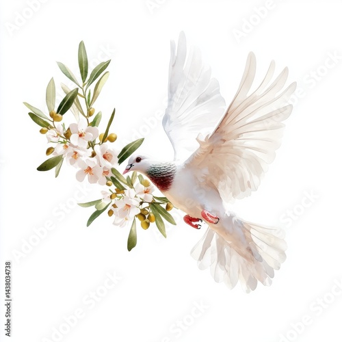 Obraz na płótnie A dove in flight surrounded by flowers and leaves, symbolizing peace and harmony. w salonie