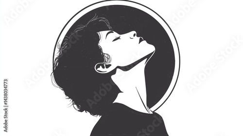 Serene Woman Profile in Circle with Wavy Hair Art Illustration Vector Sketch Design