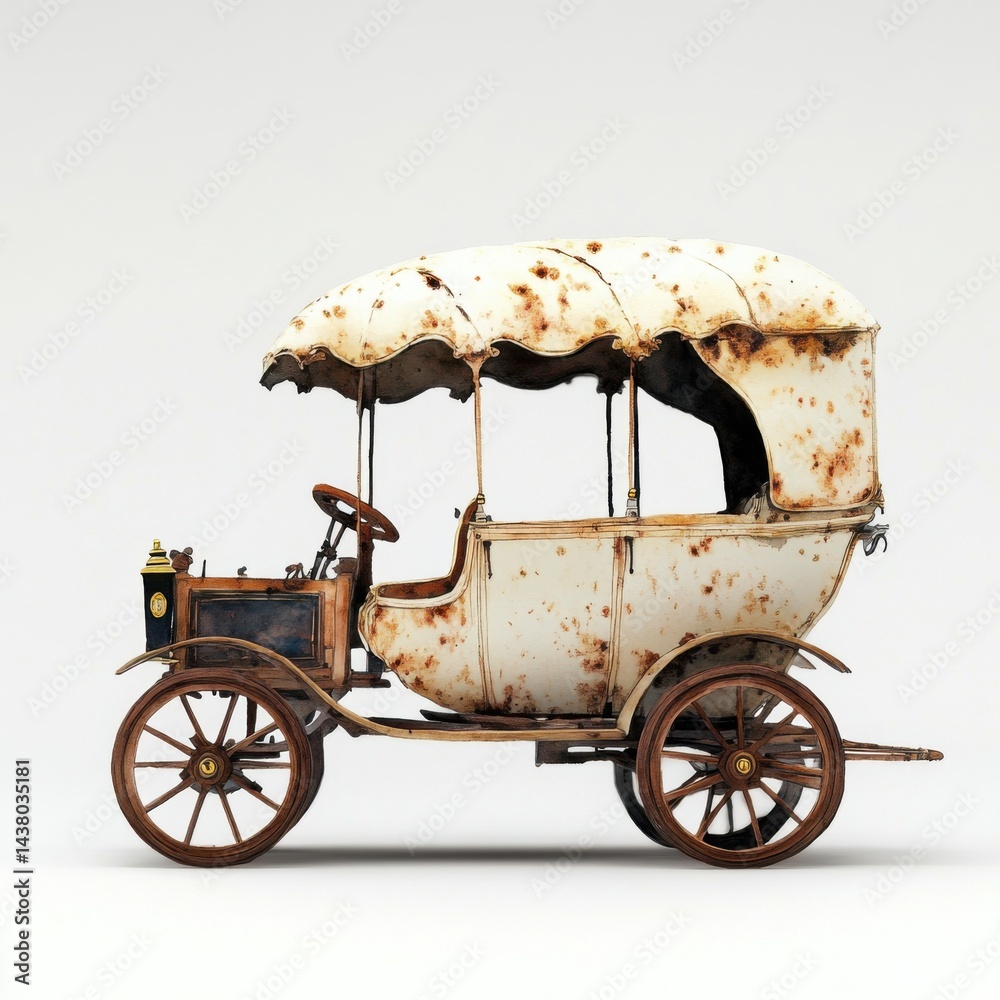 Vintage car with a decorative canopy, showcasing classic design and historical charm.