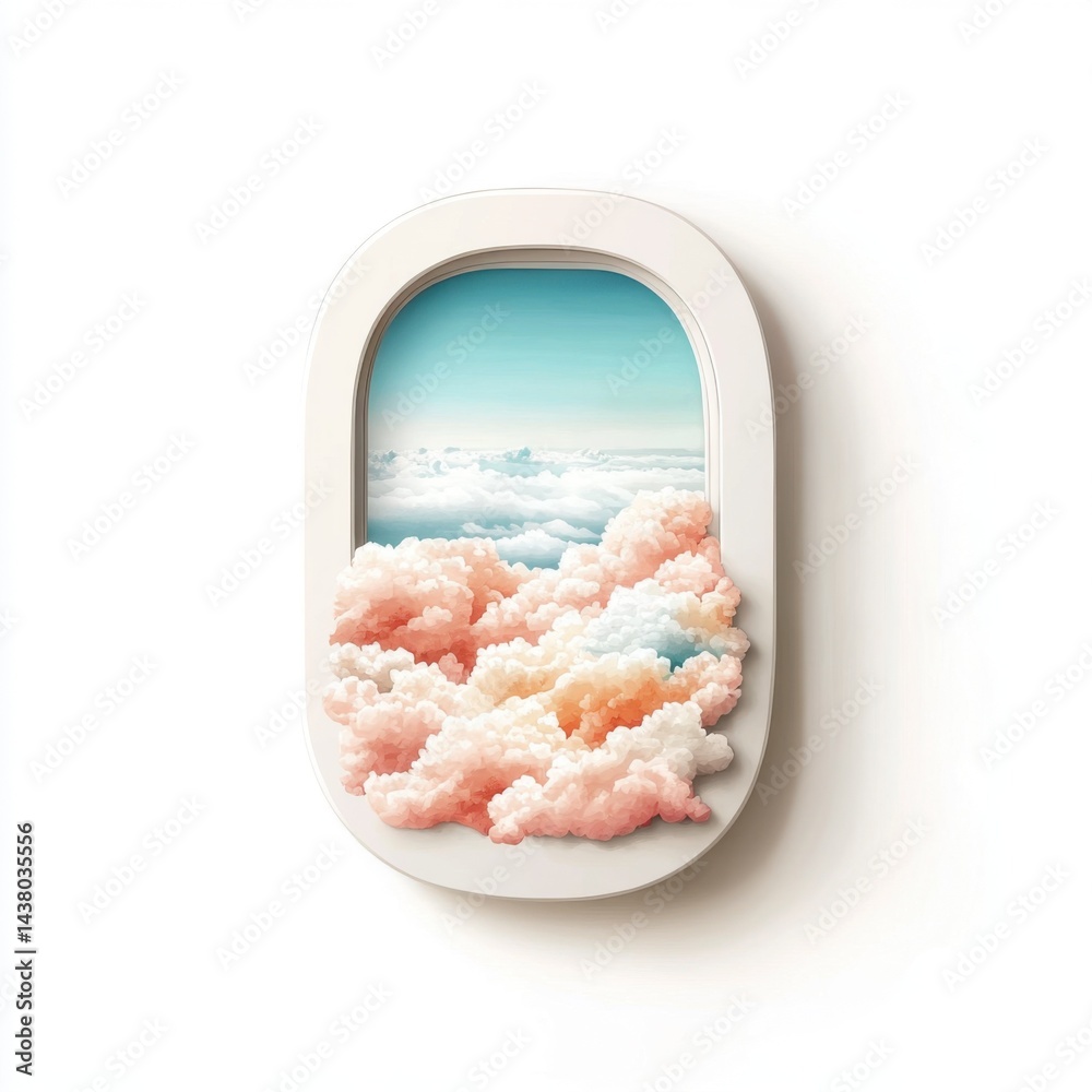 A whimsical window frame showcases colorful clouds and a clear sky, blending art and nature.