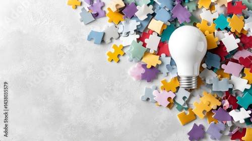 Colorful puzzle pieces are arranged to form a lightbulb shape on a white surface, symbolizing creative thinking with ample space for additional text on the left