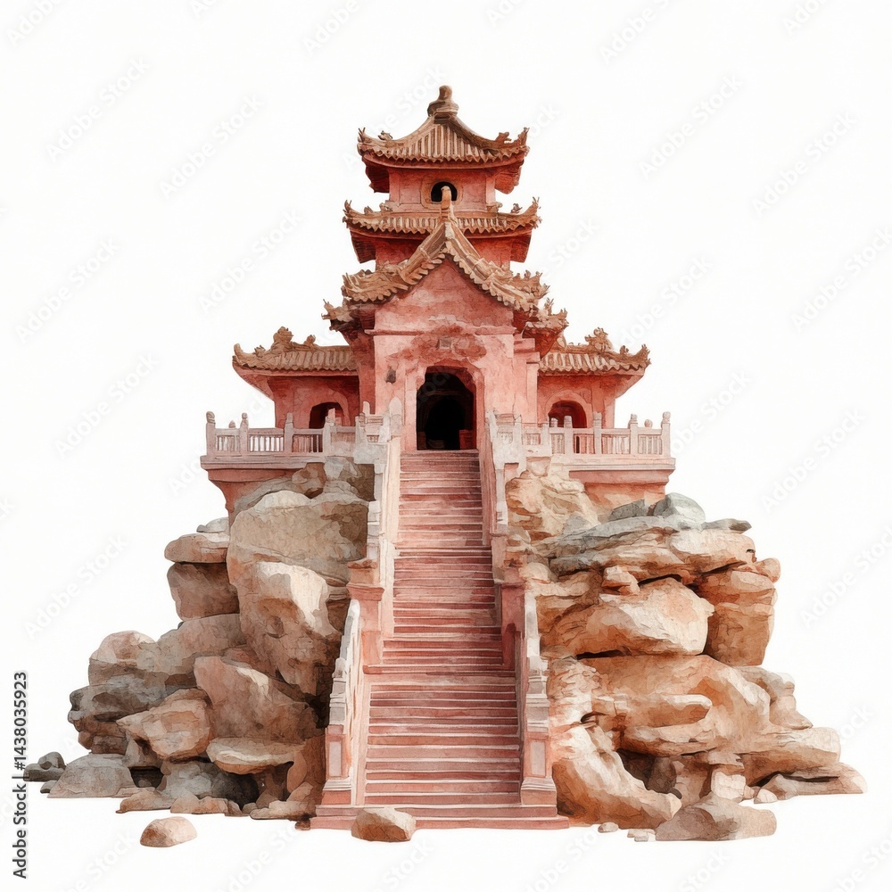 Ancient temple perched on rocky terrain with intricate architecture and stairway access.