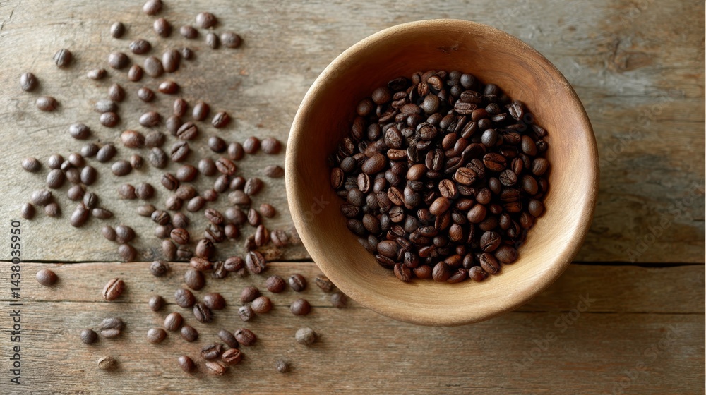 Overhead view of a rustic wooden bowl brimming with roasted coffee beans on a rough wood surface, highlighted by warm directional lighting and copy space Overhead view of a rustic wooden bowl brimming with roasted coffee beans on a rough wood surface, highlighted by warm directional lighting and copy space
