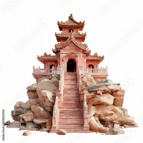 Obraz na płótnie Ancient temple perched on rocky terrain with intricate architecture and stairway access. w salonie