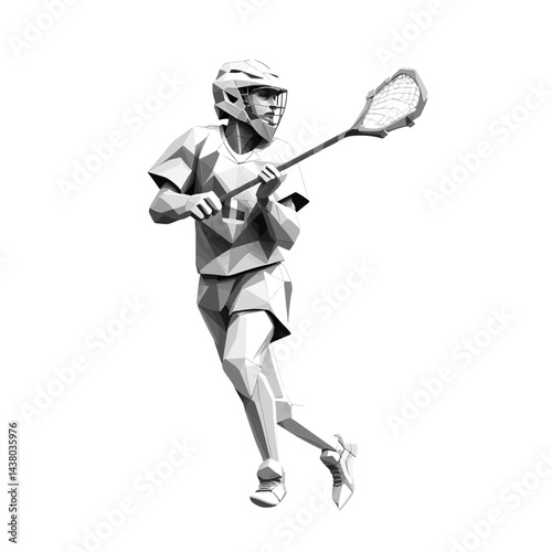 Modern geometric sculpture of a female lacrosse player  in a dynamic pose on a minimalist background