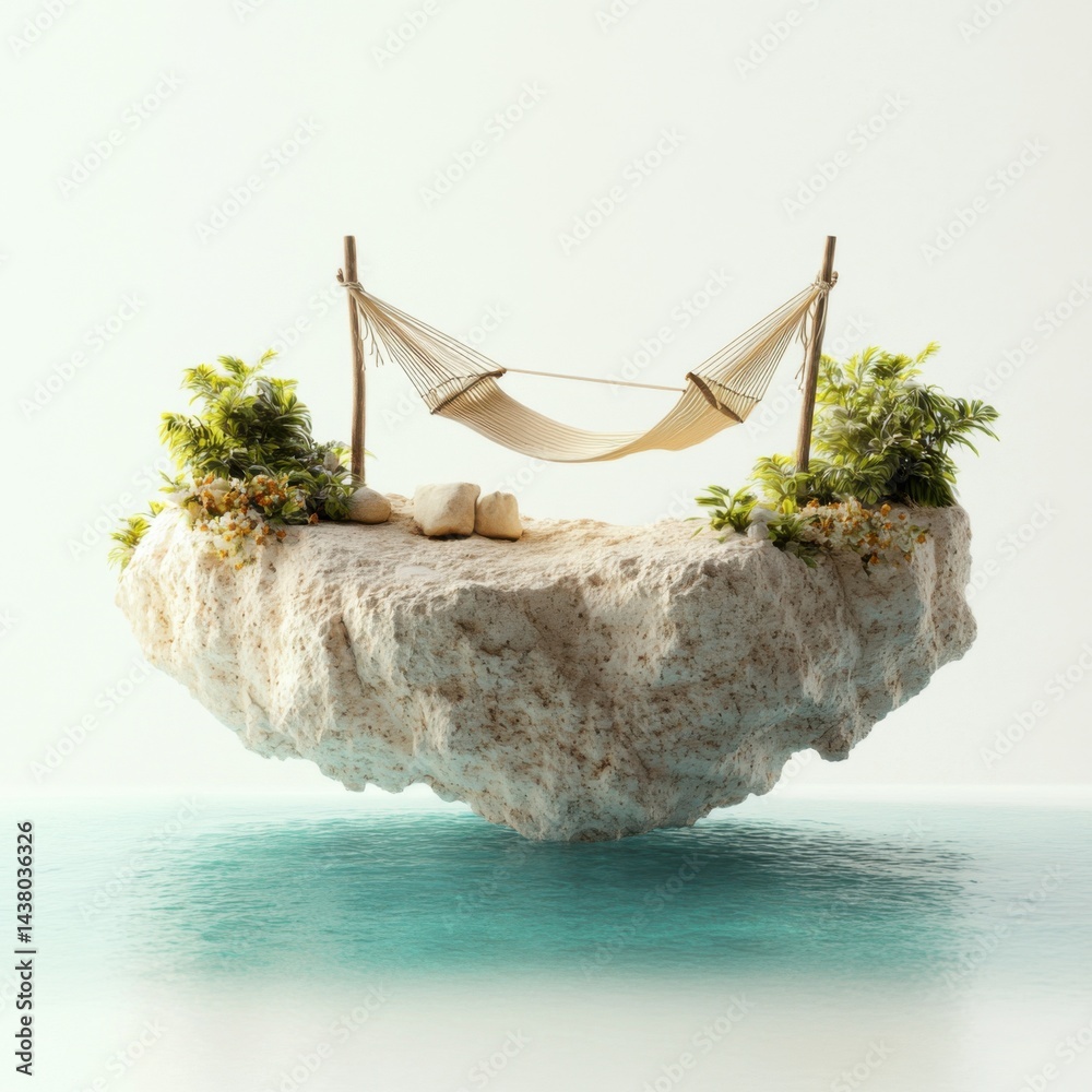 A serene floating hammock surrounded by greenery on a rocky platform over tranquil water.