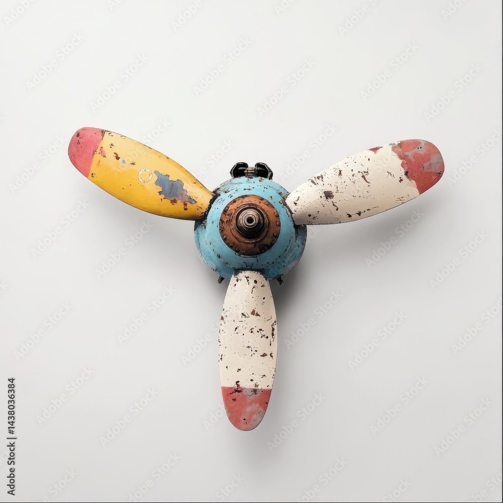 Vintage propeller with colorful blades against a neutral background, showcasing a unique design and detailed texture.