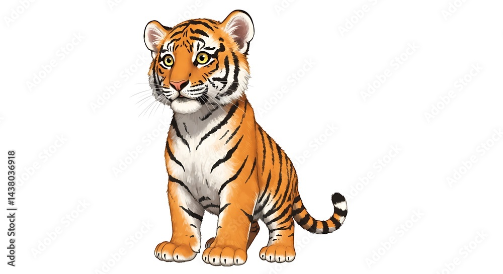 Obraz premium Cartoon Tiger Cub Sitting and Looking Upward on White