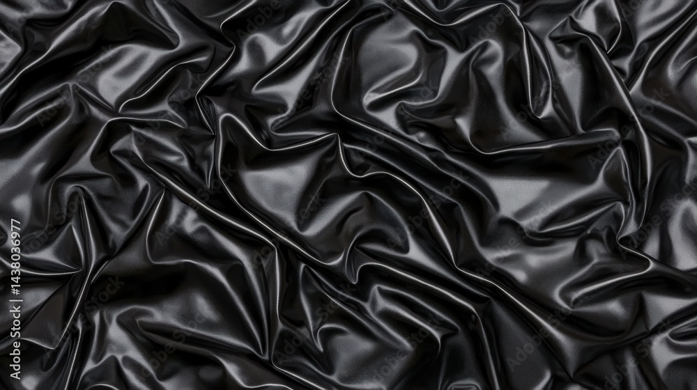Fototapeta premium A black, shiny fabric with a crinkled texture.