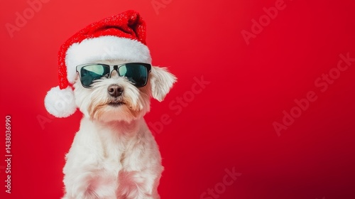 Dog on red background, merry christmas concept holiday winter animal pet greeting card - cool santa claus dog wearing sunglasses and christmas hat