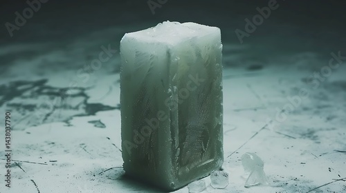 Frozen block of ice on textured surface with fractured ice crystals