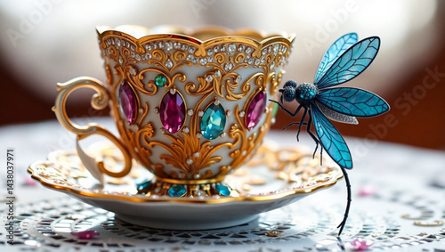 Close up of a jeweled teacup and saucer with a blue dragonfly perched on the handle of the cup created with generated ai