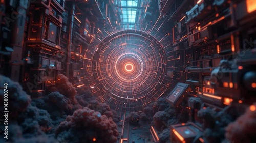 Navigating Futuristic Data Stream Through Complex Sci-Fi Tunnel