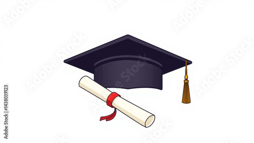 Illustration of a graduation cap and diploma scroll tied with a red ribbon on a white background created with generated ai