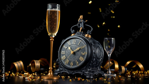 Celebratory new year scene with champagne, clock, and confetti against a dark background setting the mood created with generated ai