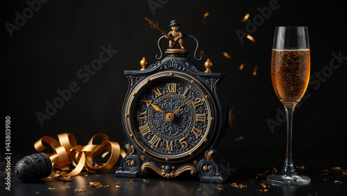 Elegant new year scene with vintage clock champagne glass and golden ribbon on a dark background created with generated ai