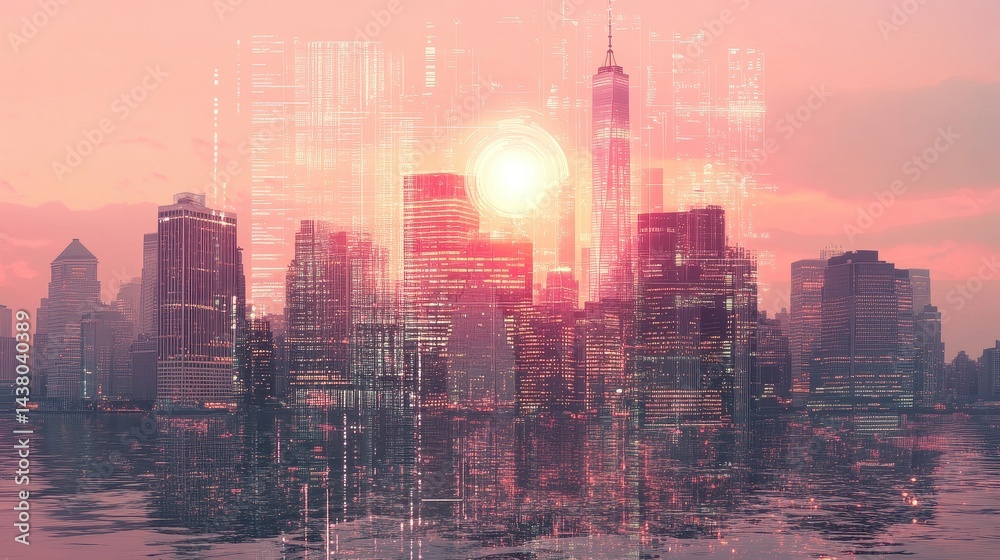 Double exposure of business theme hologram drawing and city veiw background. Concept of success.