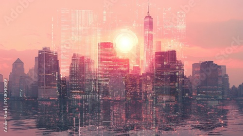 Obraz na płótnie Double exposure of business theme hologram drawing and city veiw background. Concept of success. w salonie