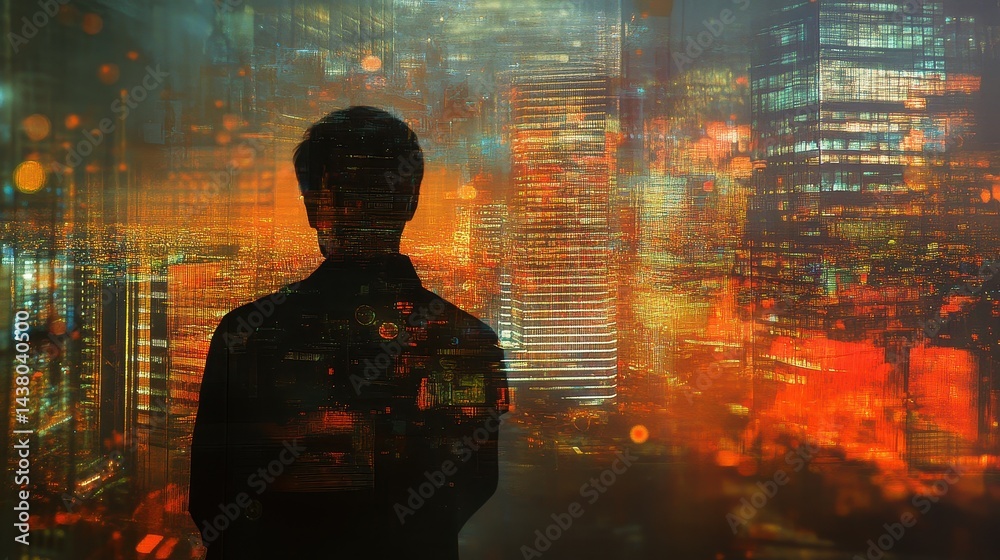 Double exposure of business theme hologram drawing and city veiw background. Concept of success.