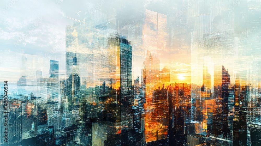 Double exposure of business theme hologram drawing and city veiw background. Concept of success.