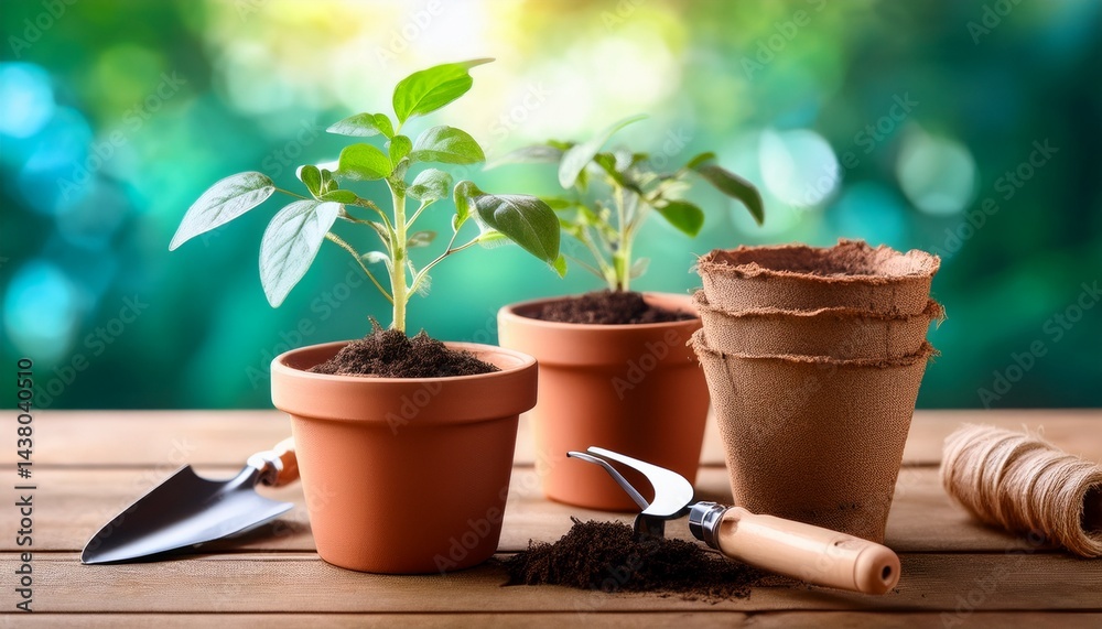 Fototapeta premium gardening tools and seedlings in terracotta pots on a wooden surface with soft background