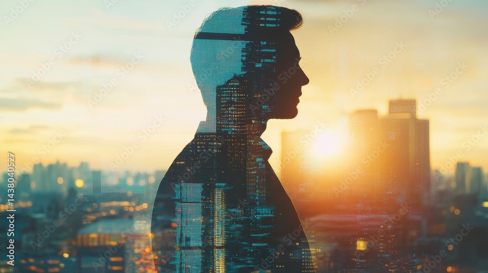 Double exposure of business theme hologram drawing and city veiw background. Concept of success.