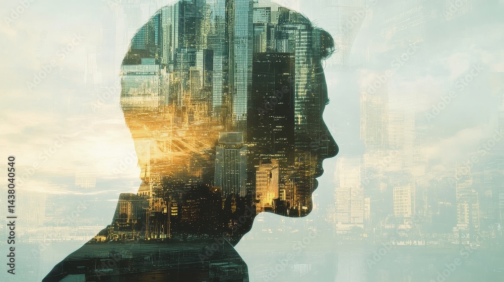 Double exposure of business theme hologram drawing and city veiw background. Concept of success.