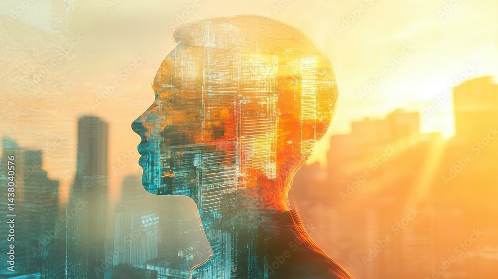 Double exposure of business theme hologram drawing and city veiw background. Concept of success.