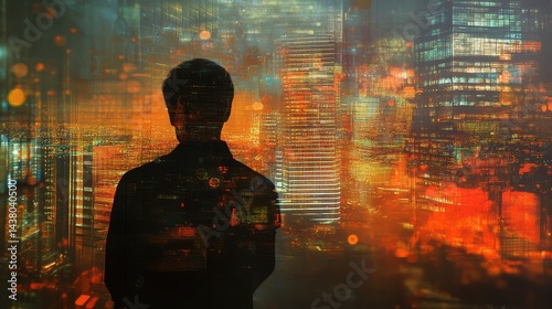 Obraz na płótnie Double exposure of business theme hologram drawing and city veiw background. Concept of success. w salonie