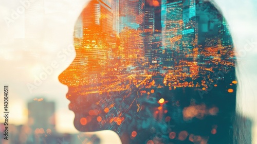 Double exposure of business theme hologram drawing and city veiw background. Concept of success. 