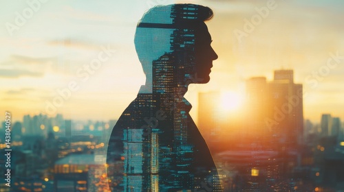 Obraz na płótnie Double exposure of business theme hologram drawing and city veiw background. Concept of success. w salonie