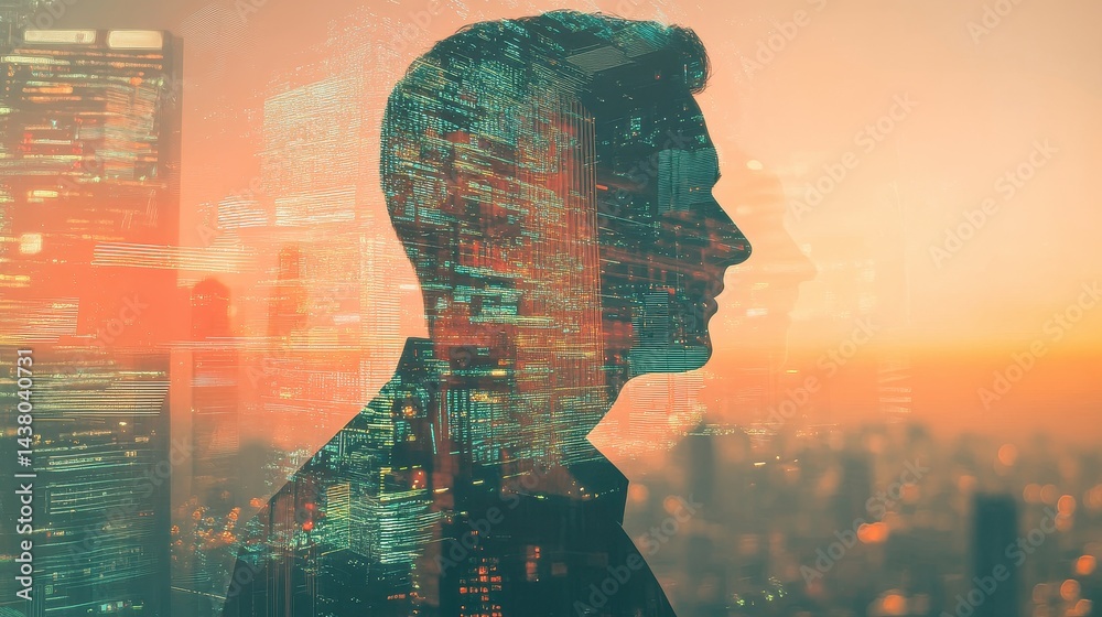 Double exposure of business theme hologram drawing and city veiw background. Concept of success.