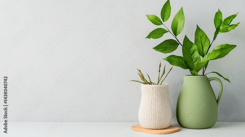 Serene Still Life Green and Off White Vases with Lush Greenery Against a Textured Gray Background Serene Still Life Green and Off White Vases with Lush Greenery Against a Textured Gray Background