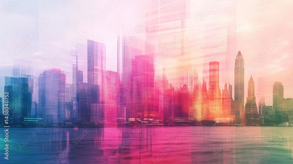 Double exposure of business theme hologram drawing and city veiw background. Concept of success.