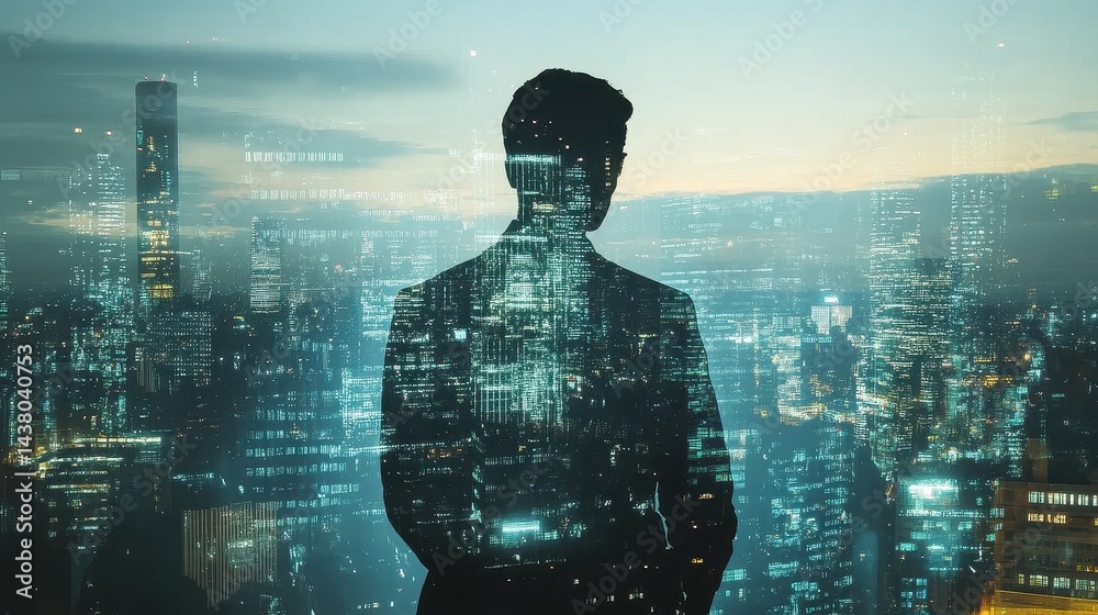 Double exposure of business theme hologram drawing and city veiw background. Concept of success.