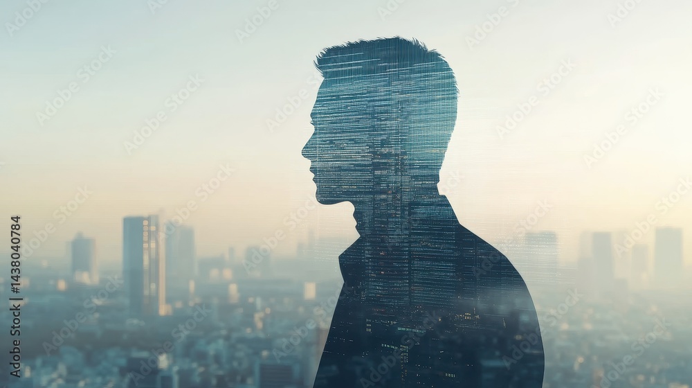 Double exposure of business theme hologram drawing and city veiw background. Concept of success.