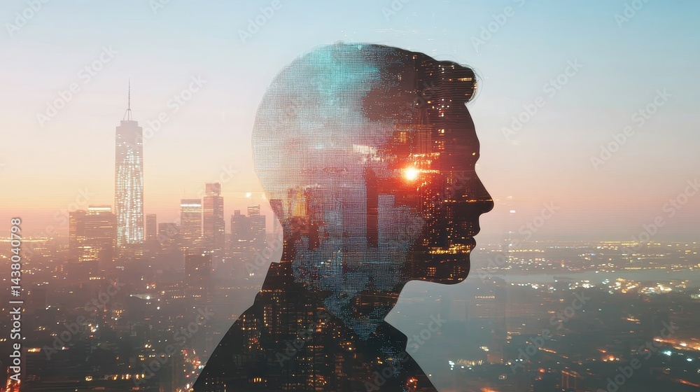 Double exposure of business theme hologram drawing and city veiw background. Concept of success.