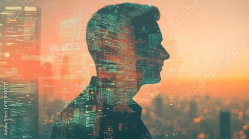 Double exposure of business theme hologram drawing and city veiw background. Concept of success. 