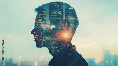 Obraz na płótnie Double exposure of business theme hologram drawing and city veiw background. Concept of success. w salonie