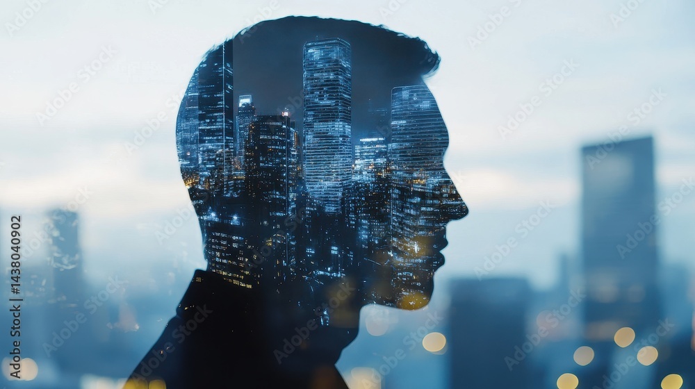 Double exposure of business theme hologram drawing and city veiw background. Concept of success.