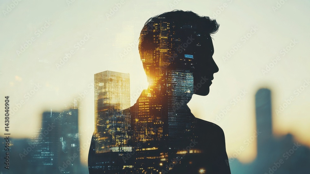 Double exposure of business theme hologram drawing and city veiw background. Concept of success.