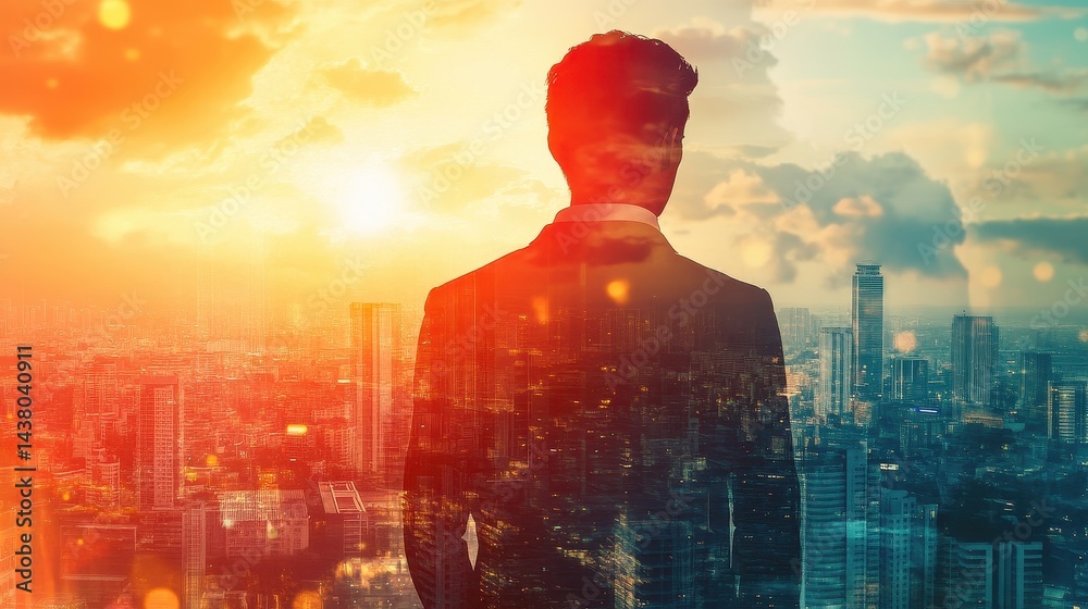 Double exposure of business theme hologram drawing and city veiw background. Concept of success.