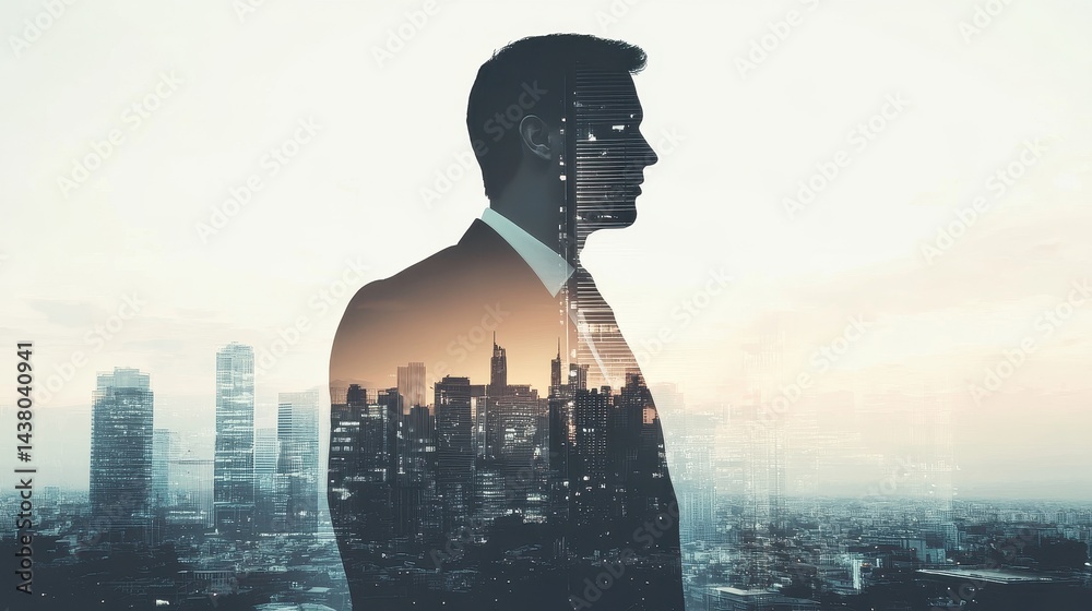 Double exposure of business theme hologram drawing and city veiw background. Concept of success.