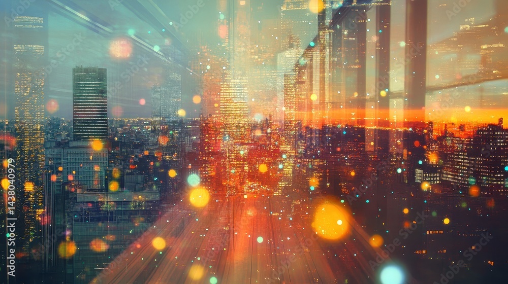 Double exposure of business theme hologram drawing and city veiw background. Concept of success.