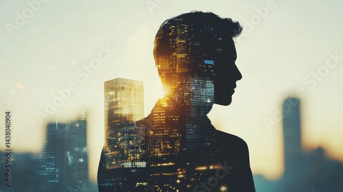 Obraz na płótnie Double exposure of business theme hologram drawing and city veiw background. Concept of success. w salonie